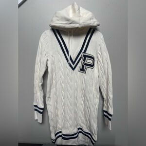 Polo Ralph Lauren L classic preppy varsity White Cable Knit Hooded Sweater dress